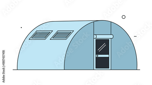 Modern arched blue building with windows and glass door suitable for greenhouse or warehouse storage facility on white background.