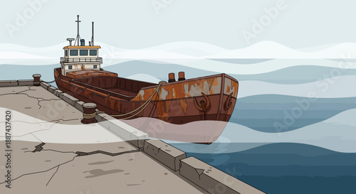 Rusty Cargo Ship Docked at Harbour.
