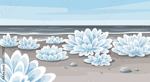 Succulent Plants on Sandy Beach Illustration.