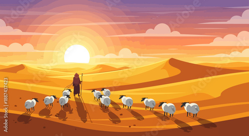 Shepherd Leading Flock Through Desert Landscape.