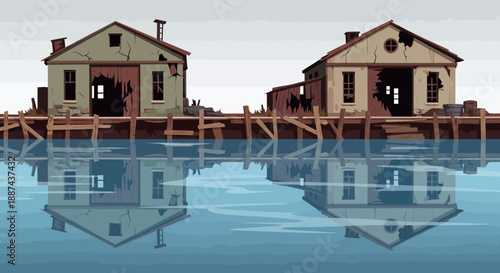 Two Small Houses on Waterfront Pier.