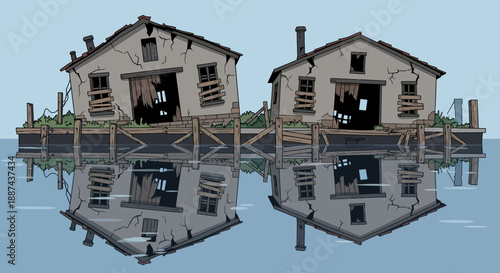 Symmetrical Houses Reflected in Water Surface.