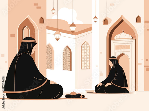 Muslim Men Praying in Mosque Interior.