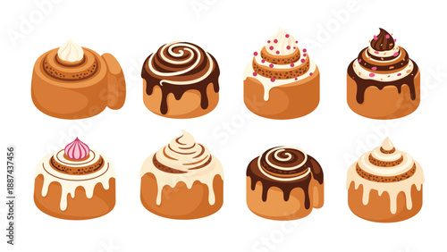Set of eight different cinnamon rolls and sweet buns with chocolate glaze cream frosting and sprinkles for bakery menu design on white.
