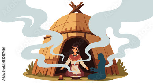 Woman Cooking Inside Traditional Native American Wigwam.