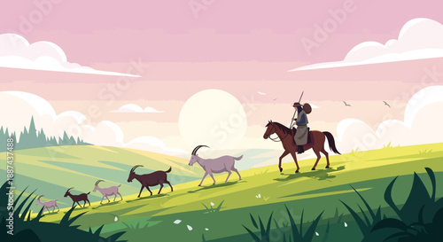 Woman Riding Horse with Goats in Field.