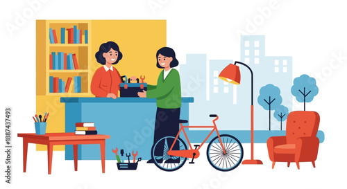 Woman Purchasing Bicycle from Shop Assistant.