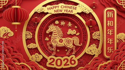 A layered red paper-cut design for the Year of the Horse 2026 with intricate patterns, clouds, and traditional Chinese typography.