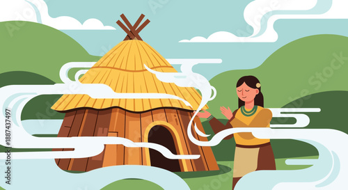 Woman Spinning Yarn Near Traditional Hut.