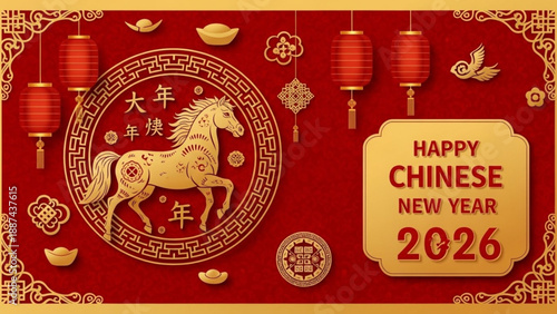 A traditional red and gold greeting card for the Lunar New Year 2026 featuring a paper-cut horse, hanging lanterns, and gold ingots.