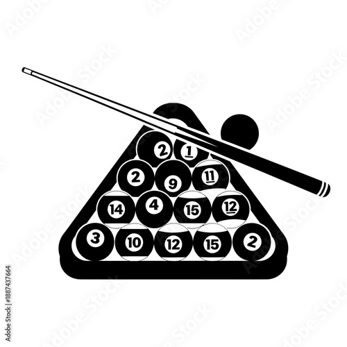 Billiards Triangle Rack Icon – Pool Balls and Cue Stick Symbol for Snooker & Game Design