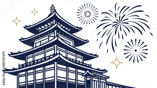 Traditional Temple with Festive Fireworks and Stars in Navy Blue and Gold Flat Vector Style