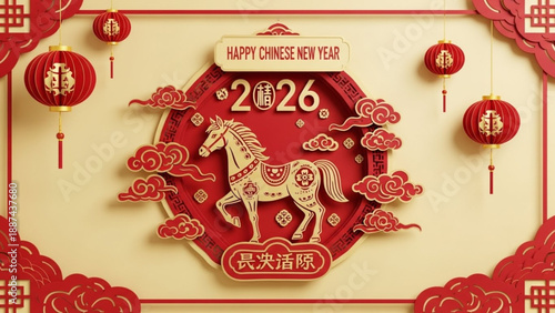 A clean, cream-colored background with a central red circle featuring a white horse silhouette and 2026 typography in a paper-cut aesthetic.