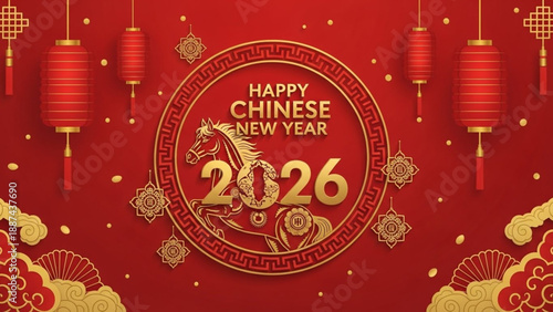 A horizontal festive banner with a golden horse silhouette inside a circular fretwork frame, surrounded by lanterns and clouds.