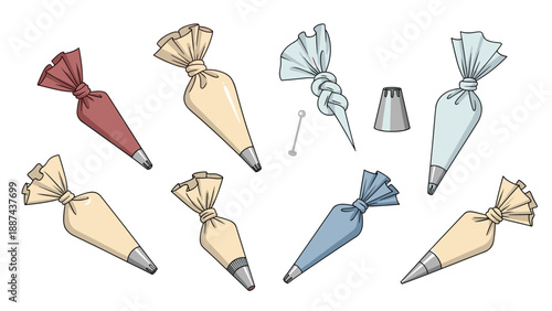 Professional set of various pastry bags with different metal tips and frosting colors for professional cake decorating and baking art.