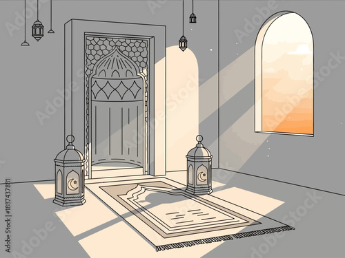Prayer Rug with Lanterns and Doorway.