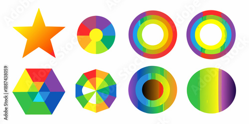 Colorful geometric shapes including stars circles hexagons and vibrant color wheels