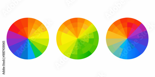 Three vibrant color wheels displaying a spectrum of hues and shades
