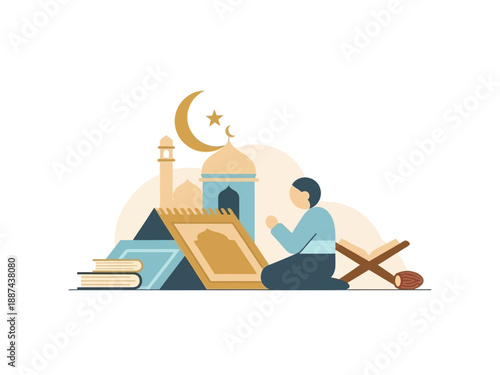 Man Reading Quran Near Mosque Illustration.