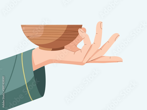 Hand Holding Wooden Bowl Illustration.