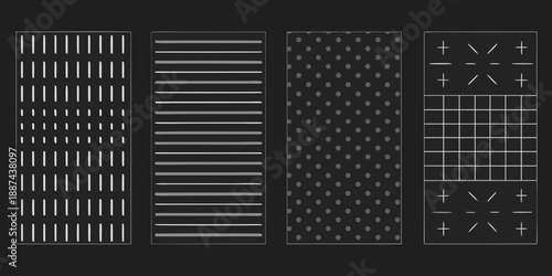 Abstract patterns of lines dots and grids on a dark background