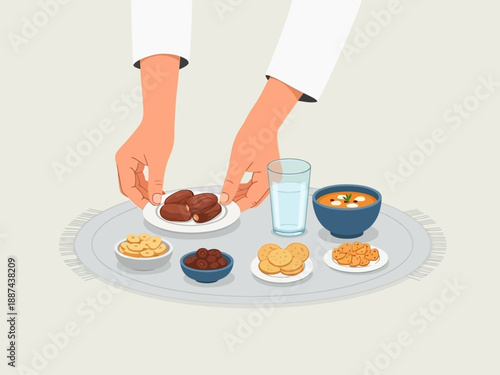 Hands Serving Various Dishes on Tray.