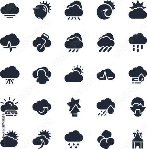 Professional dark glyph weather icon set with solid symbols for solar eclipse fog rain and extreme storm forecast interface.