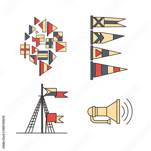 Colorful Flags and Megaphone Illustration Set.