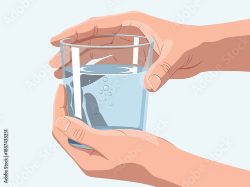 Hands Holding Clear Glass Container with Liquid.