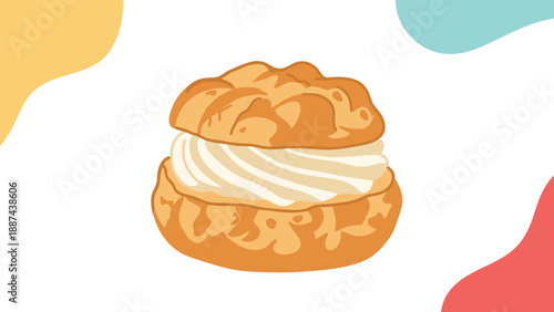 Delicious cream puff or profiterole pastry with generous white cream filling on colorful abstract background for bakery shop advertisement.