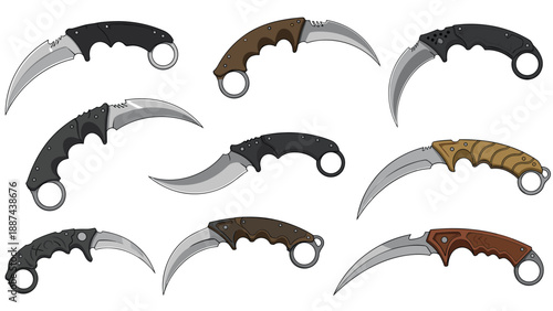Collection of ten different karambit tactical knives with curved blades and various handle designs for martial arts and defense on white.