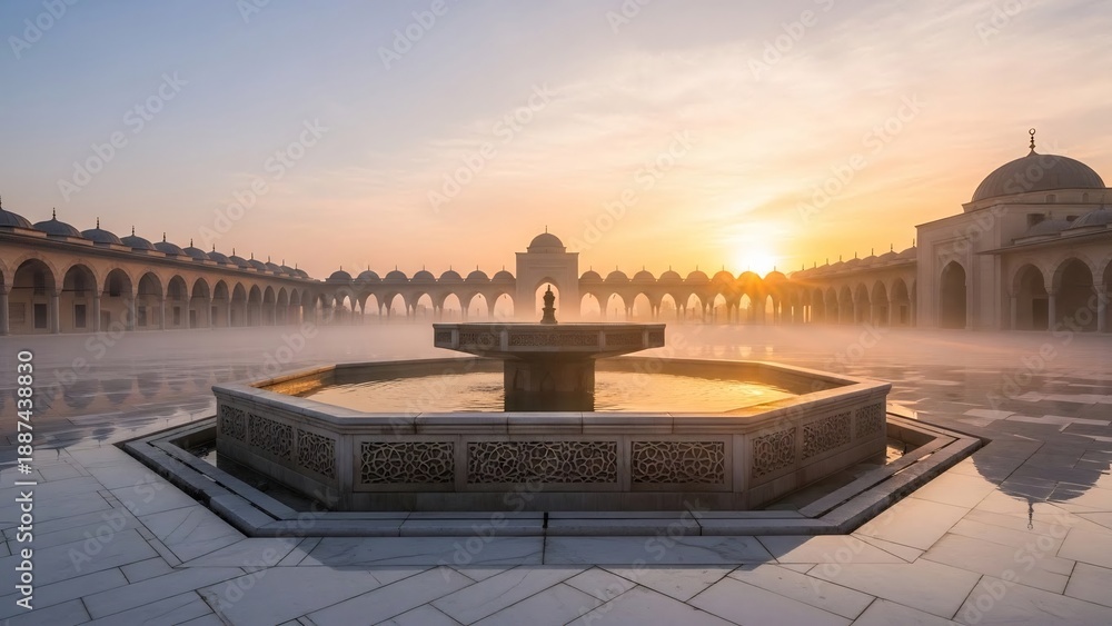 Fototapeta premium Tranquil sunrise over a mosque courtyard with a central fountain, bathed in soft golden light and gentle mist.