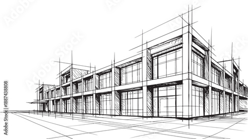 Modern office building under construction in minimalist black and white sketch style with grid texture for architectural design