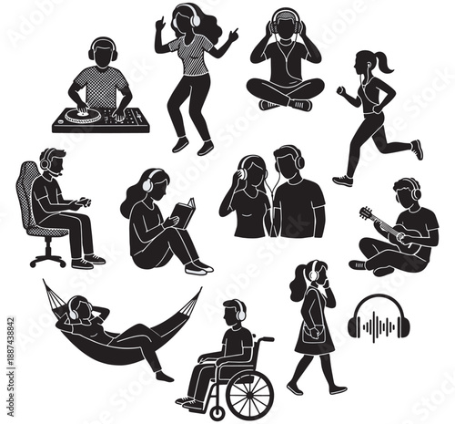 Collection of people enjoying music with headphones in various activities.