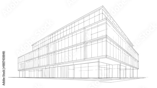 Modern office building in minimalist wireframe style with clean lines and transparent glass facade for architectural visualization