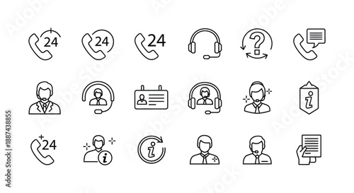Collection of black outline icons representing twenty-four-seven customer support services