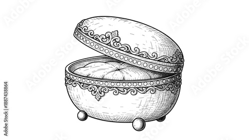 Elegant hand drawn sketch of decorative vintage jewelry box with ornate patterns and round feet for precious items storage on white background.