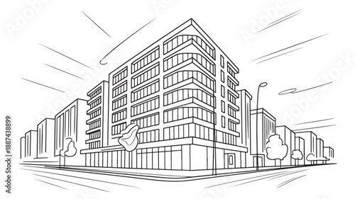 Modern office building in minimalist style with clean lines and white background for urban architecture