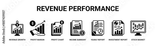 Revenue Performance web banner icon vector illustration concept with icon of revenue growth, profit margin, profit chart, income summary, yearly report, investment report, stock market 