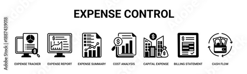 Expense Control web banner icon vector illustration concept with icon of expense tracker, expense report, expense summary, cost analysis, capital expense, billing statement, cash flow.