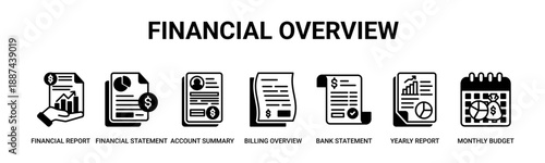 Financial Overview web banner icon vector illustration concept with icon of financial report, financial statement, account summary, billing overview, bank statement, yearly report, monthly budget.