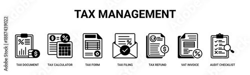 Tax Management web banner icon vector illustration concept with icon of tax document, tax calculator, tax form, tax filing, tax refund, vat invoice, audit checklist 