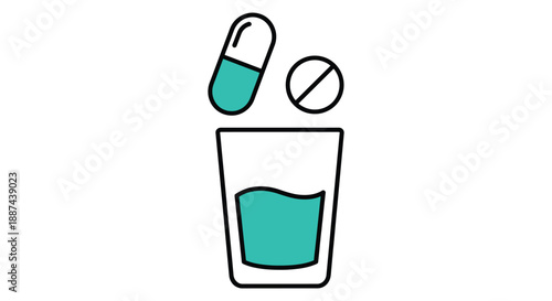 Simple icon illustrating taking medication with a glass of water and pills