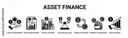Asset Finance web banner icon vector illustration concept with icon of asset management, investment report, capital expense, account balance, money exchange, currency conversion, profit margin.