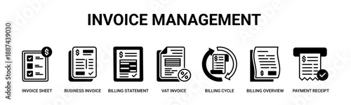 Invoice Management web banner icon vector illustration concept with icon of invoice sheet, business invoice, billing statement, vat invoice, billing cycle, billing overview, payment receipt.