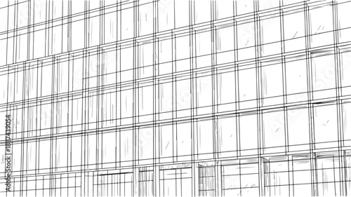 Modern office building facade in minimalist style with monochrome color scheme and grid pattern for architectural design