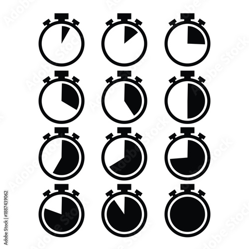 Black Stopwatch Icons: Time Progress Stages, Elapsed Time Tracker, Countdown Timer, Graphic UI Elements for Web & App Design