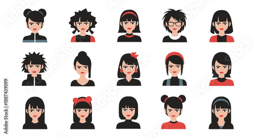 Cartoon Illustrations of Women with Black Hair.