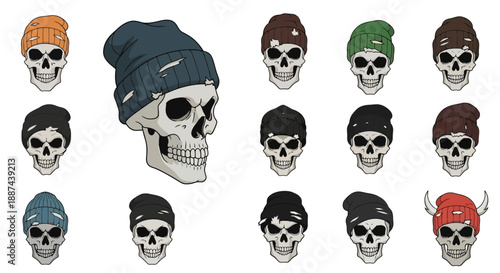 Skull Illustrations with Various Headwear and Hats.