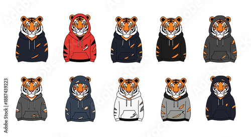 Tiger Faces Wearing Hoodies in Various Colors.
